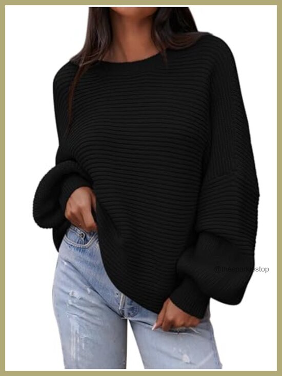 Sweaters - Oversized Lantern Sleeve Crewneck Chunky Knit Ribbed Pullover Sweater